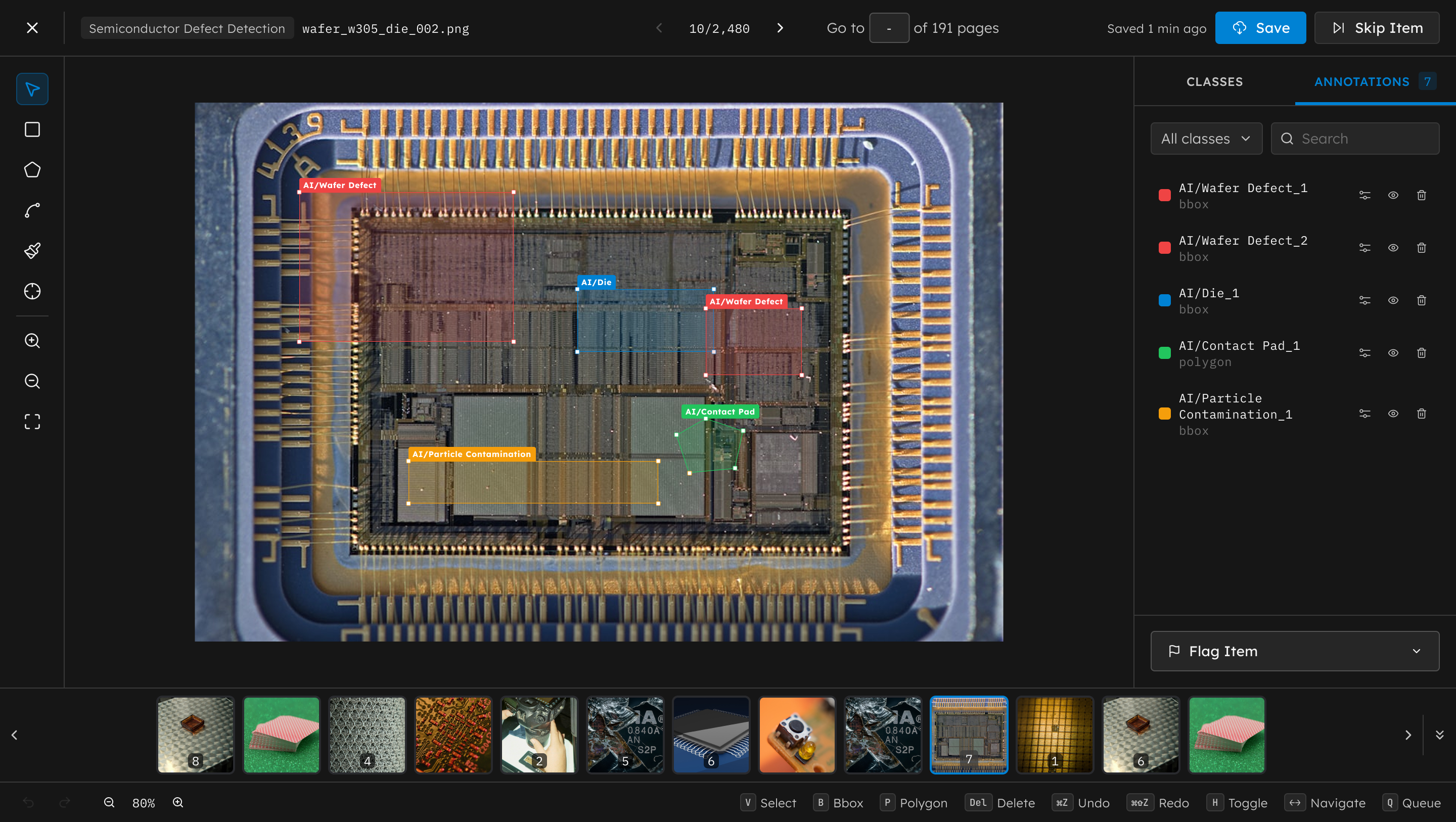 Enterprise MLOps in the ThirdAI console — a semiconductor defect-detection model annotating a wafer image with AI-labeled wafer-defect, die, contact-pad, and particle-contamination regions.