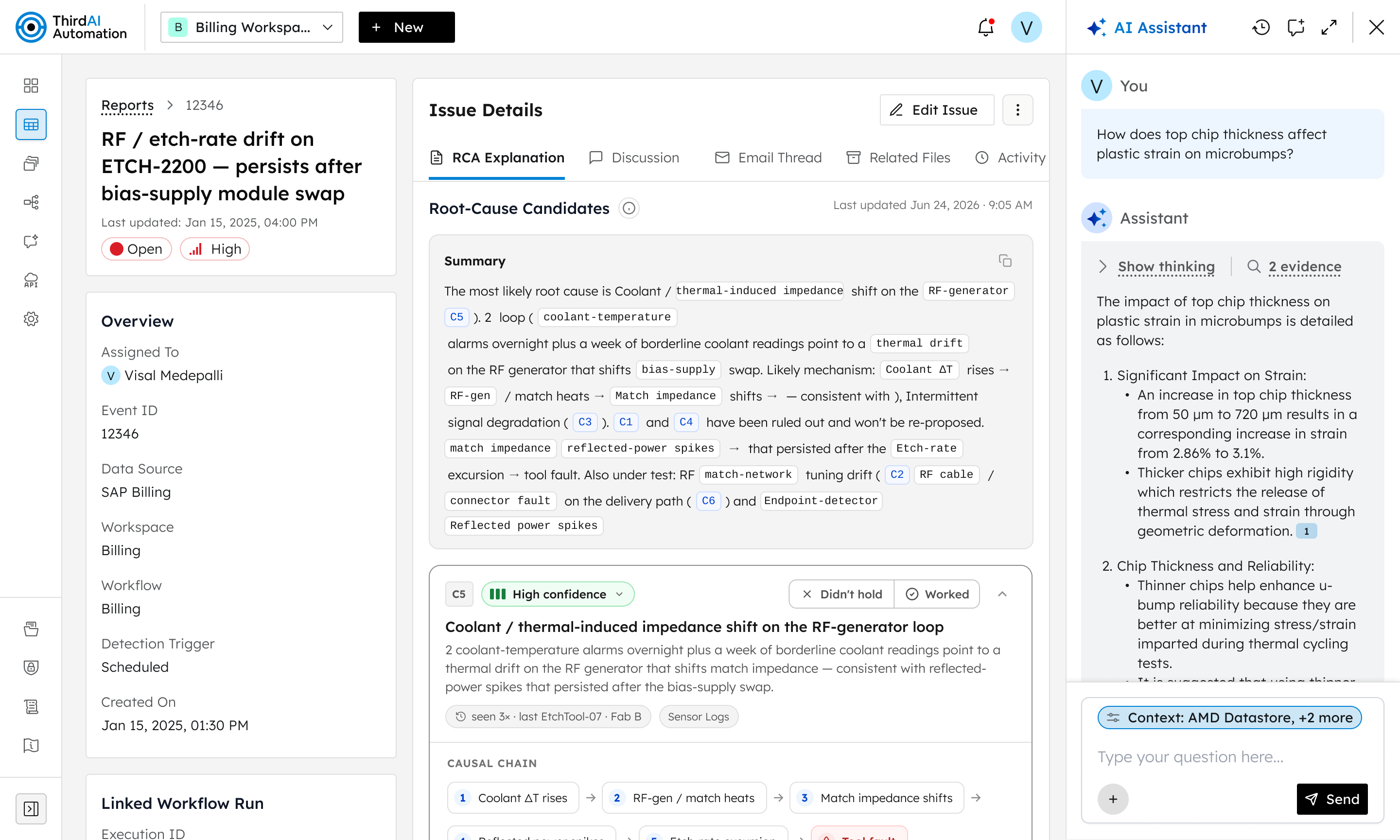 The ThirdAI console showing one service issue — an RF / etch-rate drift on an etch tool — with its RCA explanation: ranked root-cause candidates, the causal chain, a linked workflow run, the email thread and related files, alongside an AI assistant answering an engineering question.