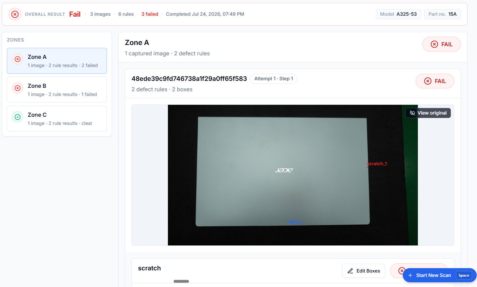 An inspection result screen: an overall FAIL verdict across three captured images and six rules, broken down by zone with per-zone pass/fail, and a captured image of a notebook lid with each detected defect boxed and labelled — a scratch and a dent.